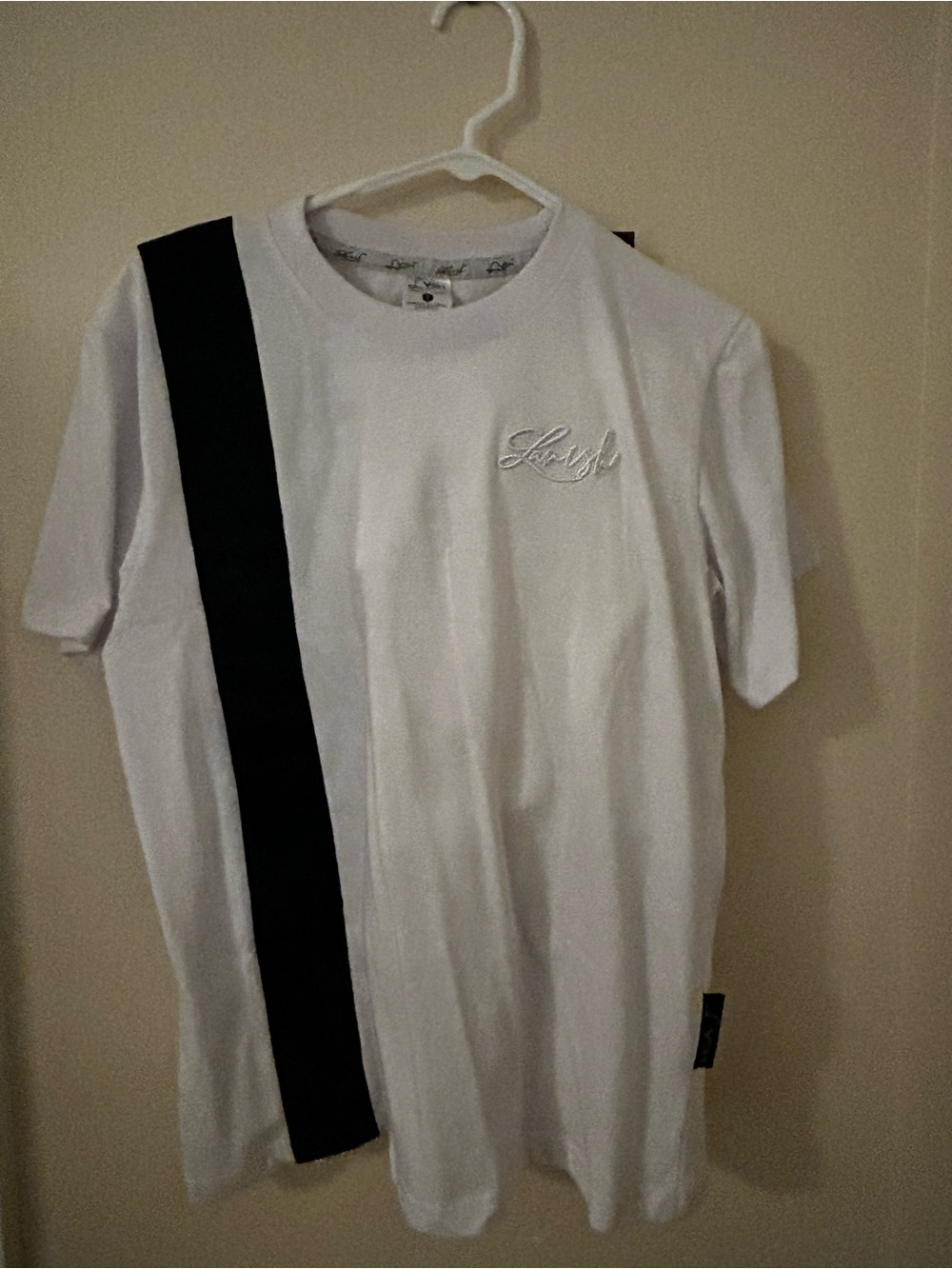 White Short-Sleeve Tee with Black Vertical Stripe and Script Logo